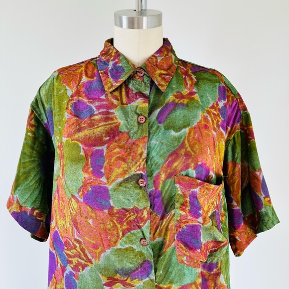 Vintage Tropical Leaf Print Sheer Button Down Blouse main image 1